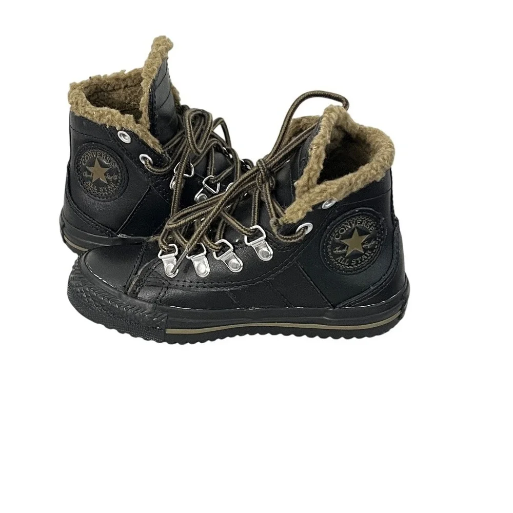 Converse Chuck Taylor All Star Boots Kids Size 12 Black Leather Faux‎ Fur Lining